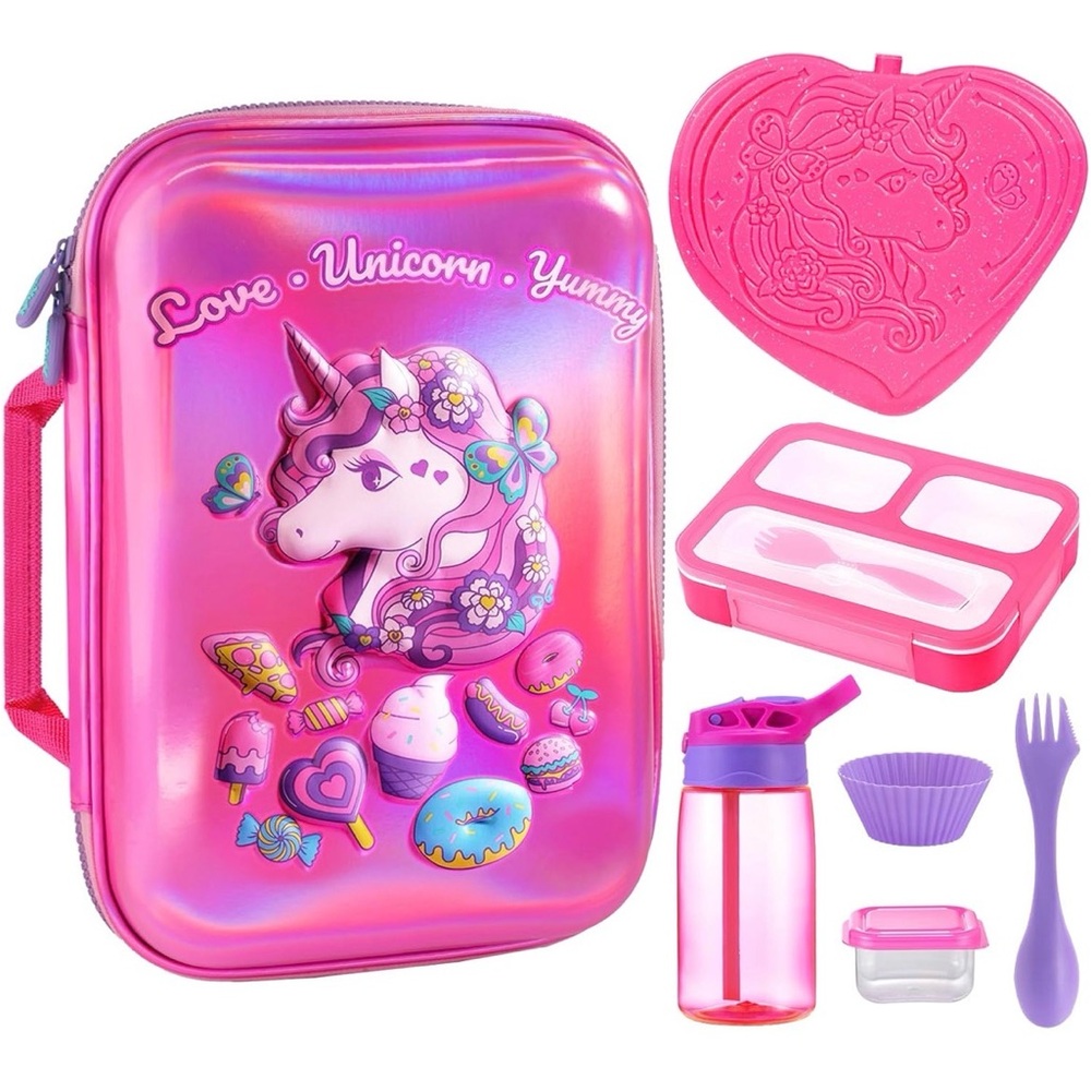 Unicorn🦄Lunch Insulated Bento Boxes w 3-Compartment Inc Ice🧊Pack&Water💦Bottle